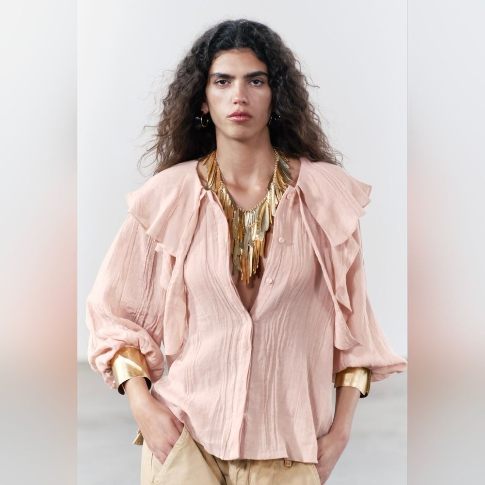 NWT ZARA ramie Summer Pink Ruffle Top Size Small Rammie